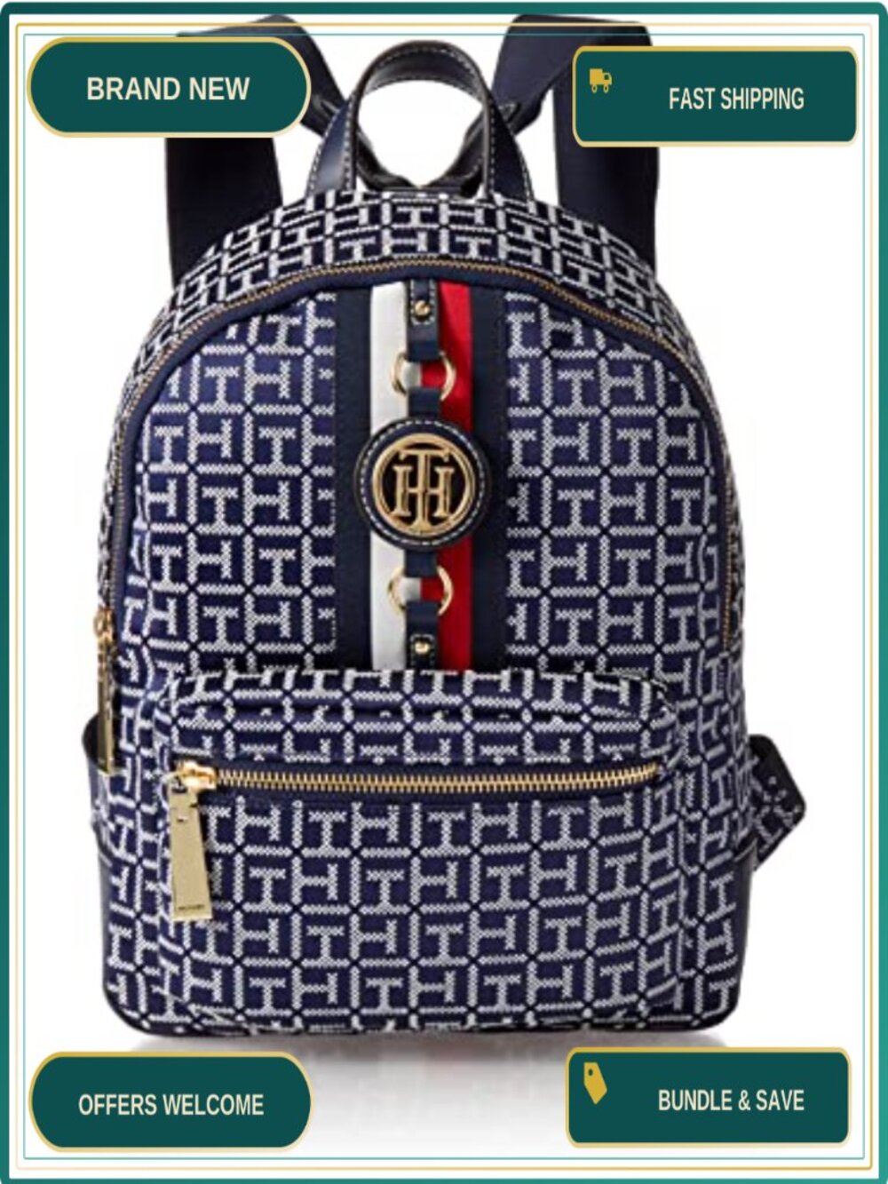 Nylon Adjustable Strap Mini Backpack Purse with Logo Stripe & Gold Tone Hardware